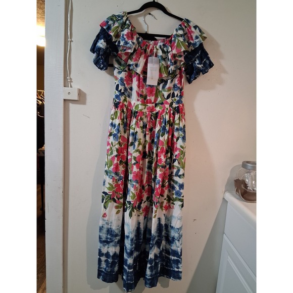 Misa Los Angeles Dresses & Skirts - MISA Los Angeles Floral Tie Dye Ruffle Off Shoulder Maxi Dress Pink Blue Size M